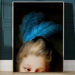 Blue Vintage Feather Renaissance Portrait, Dark Academia