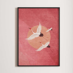 Japanese Crane Wall Art Printable – Pink Rising Sun Art, Minimalist Zen Decor Download