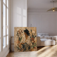 Boho Floral Woman Wall Art Printable – Neutral Vintage Portrait Painting | Rustic Feminine Abstract Decor Digital Download