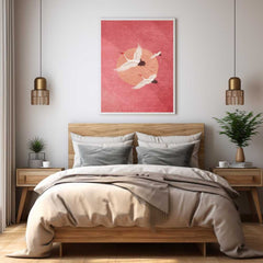 Japanese Crane Wall Art Printable – Pink Rising Sun Art, Minimalist Zen Decor Download