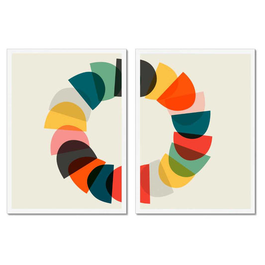 Abstract geometric wall art set with colourful half circle shapes, modern printable decor
