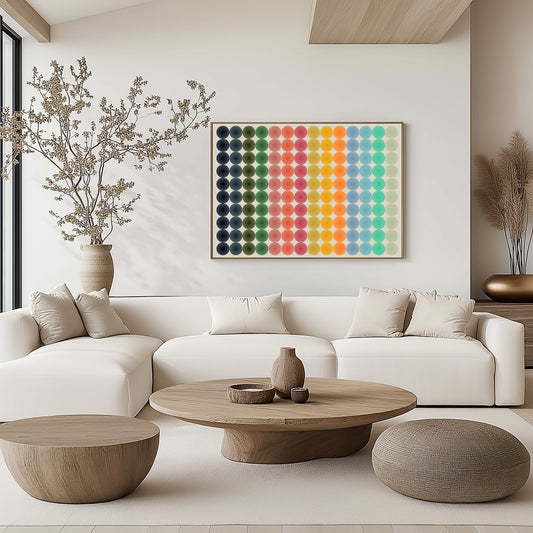 Modern living room with a white sofa, wooden coffee table, and colorful abstract art on the wall.