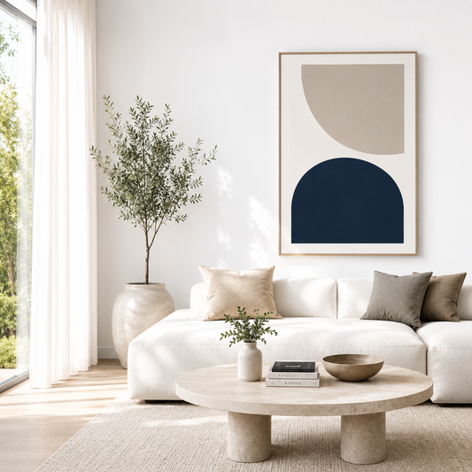 Modern Geometric Neutral Wall Art Print | Minimalist Beige & Navy Abstract Shape Artwork | Contemporary Downloadable Wall Decor
