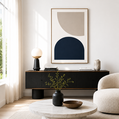 Modern Geometric Neutral Wall Art Print | Minimalist Beige & Navy Abstract Shape Artwork | Contemporary Downloadable Wall Decor