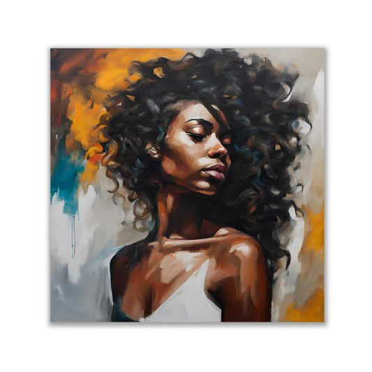 Instantly download, print and frame this printable wall art. A modern abstract oil painted print of a woman on a square canvas. The portrait is a vibrant exploration of individuality, capturing the essence and complexity of female identity through abstract art. Perfect for a modern home or apartment, office space or bar.