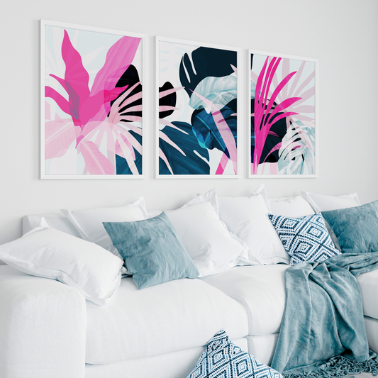Tropical Wall Art Set of 3 Printable – Pink & Teal Botanical Abstract Decor