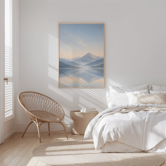 Serene Mountain Reflection Downloadable Wall Art | Minimalist Blue Landscape Print for Modern Interiors