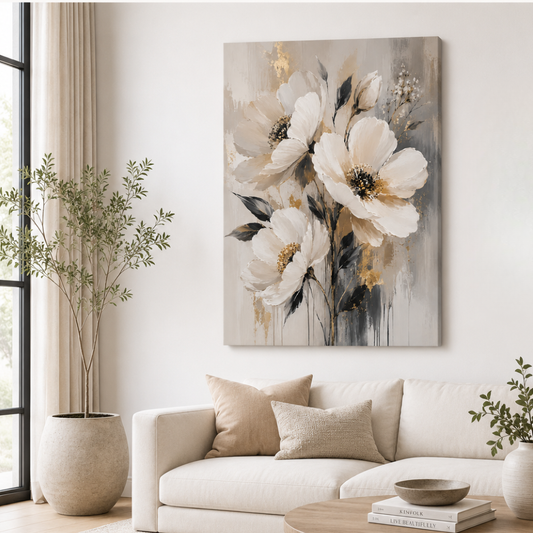 Elegant White Floral Wall Art | Neutral Botanical Flower Print | Luxury Downloadable Abstract Canvas Artwork