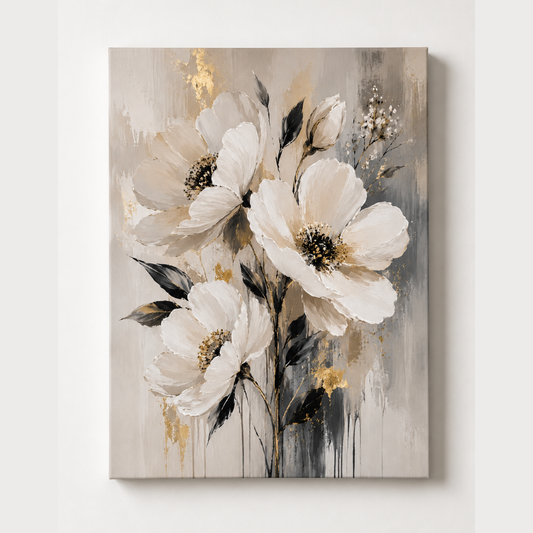 Elegant White Floral Wall Art | Neutral Botanical Flower Print | Luxury Downloadable Abstract Canvas Artwork