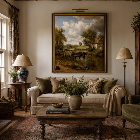 English Countryside Landscape Wall Art Print | Rustic Cottage & Horse Cart Digital Download | Vintage Country Farm Artwork