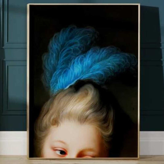 Blue Vintage Feather Renaissance Portrait, Dark Academia