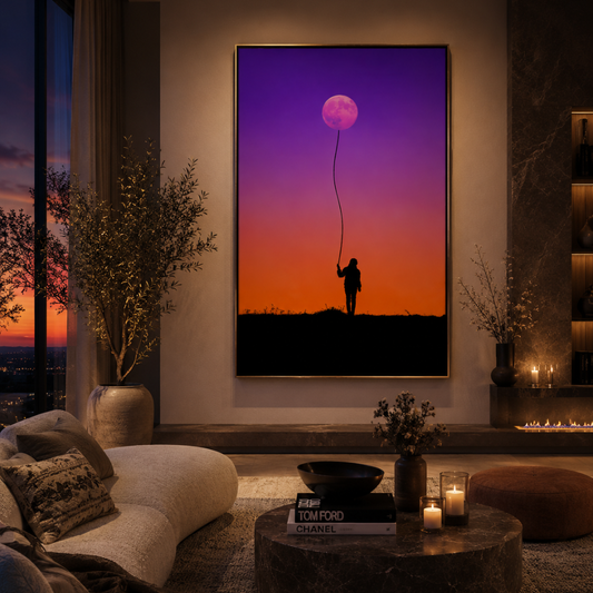 Moon Balloon Wall Art Print | Dreamy Sunset Silhouette Photography | Celestial Minimalist Digital Download | Modern Printable Wall Decor