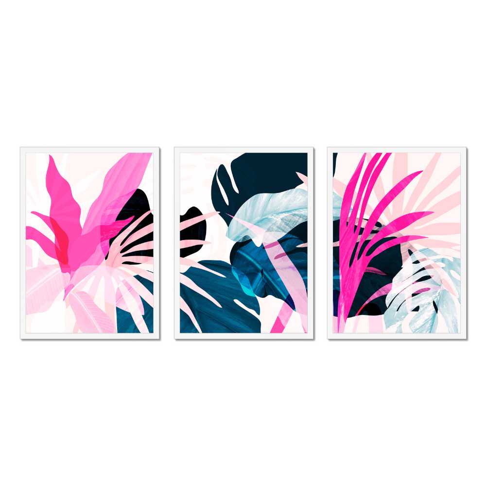 Tropical Wall Art Set of 3 Printable – Pink & Teal Botanical Abstract Decor