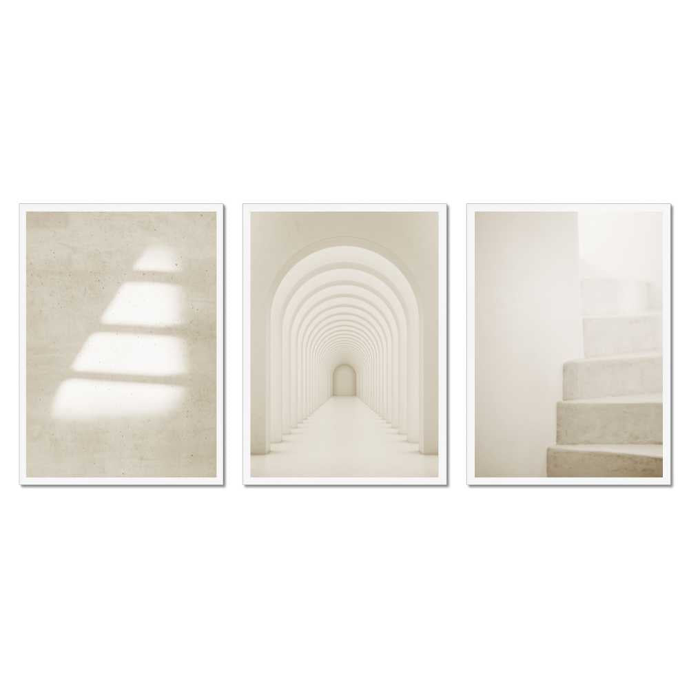 Minimalist Beige Wall Art Set of 3 Printable – Neutral Architecture Japandi Decor