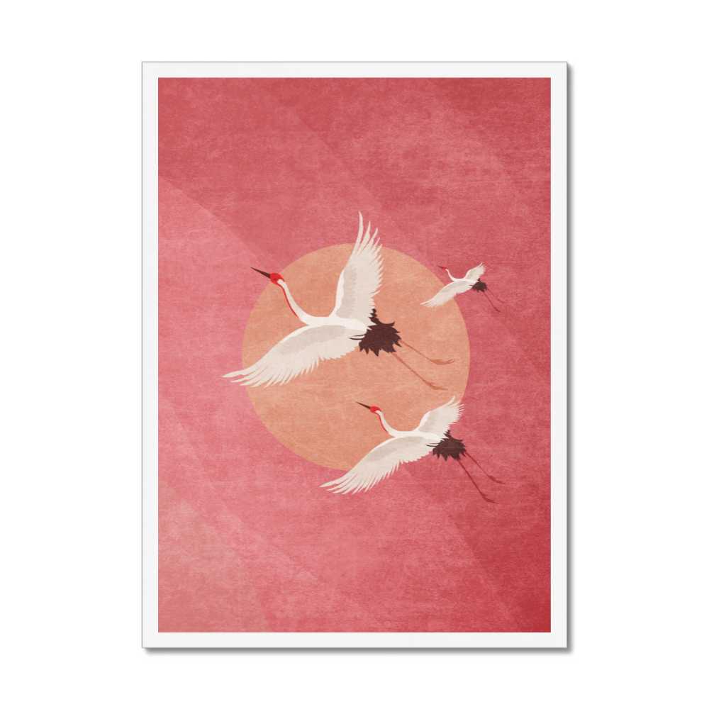 Japanese Crane Wall Art Printable – Pink Rising Sun Art, Minimalist Zen Decor Download