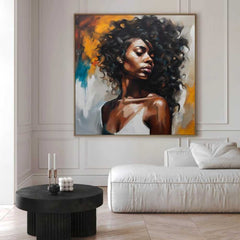 Instantly download, print and frame this printable wall art. A modern abstract oil painted print of a woman on a square canvas. The portrait is a vibrant exploration of individuality, capturing the essence and complexity of female identity through abstract art. Perfect for a modern home or apartment, office space or bar.