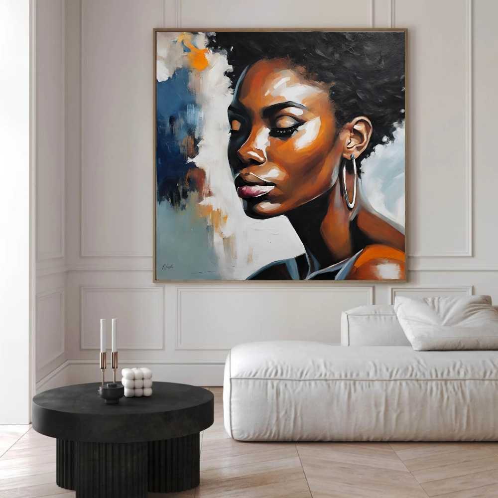Instantly download, print and frame this wall art. A modern abstract oil painted print of a woman on a square canvas. The portrait is a vibrant exploration of individuality, capturing the essence and complexity of female identity through abstract art. Perfect for a modern home or apartment, office space or bar.