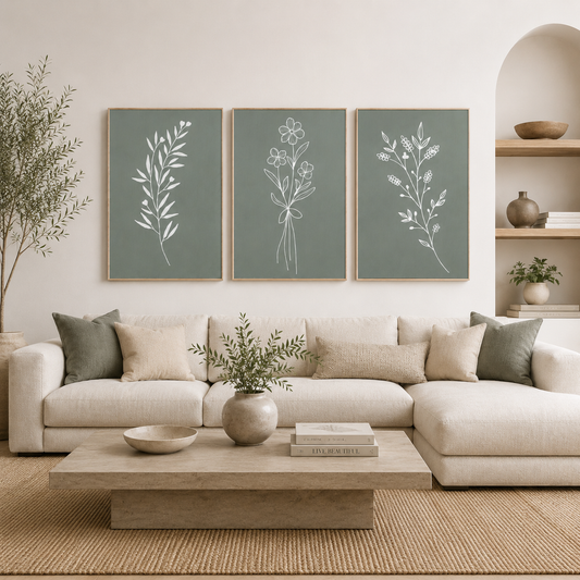 Minimalist Sage Green Botanical Wall Art Set of 3 | Printable Scandinavian Line Art Trio | Neutral Nature Gallery Prints | Digital Download