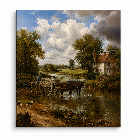 English Countryside Landscape Wall Art Print | Rustic Cottage & Horse Cart Digital Download | Vintage Country Farm Artwork