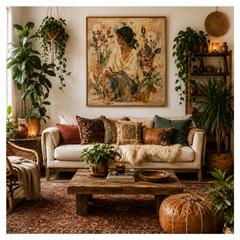 Boho Floral Woman Wall Art Printable – Neutral Vintage Portrait Painting | Rustic Feminine Abstract Decor Digital Download