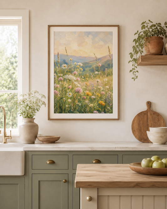 Wildflower Meadow Wall Art Canvas Print | Pastel Landscape Modern Cottage core Artwork