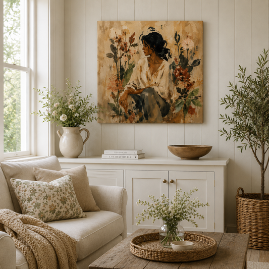 Boho Floral Woman Wall Art Printable – Neutral Vintage Portrait Painting | Rustic Feminine Abstract Decor Digital Download