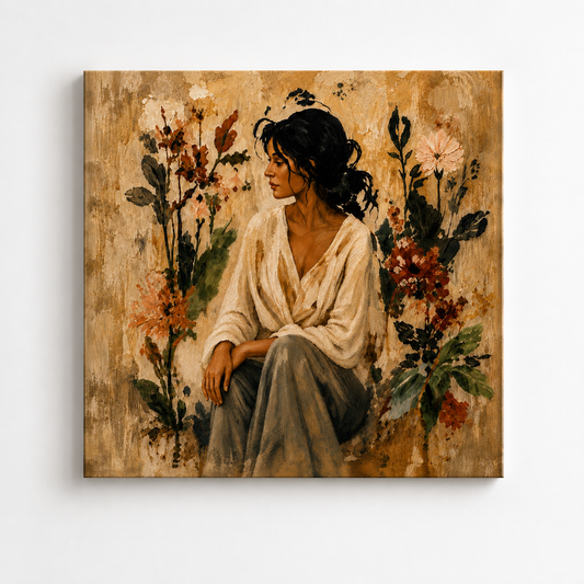 Boho Floral Woman Wall Art Printable – Neutral Vintage Portrait Painting | Rustic Feminine Abstract Decor Digital Download