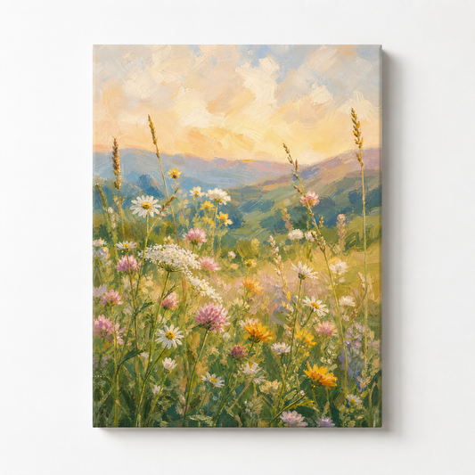 Wildflower Meadow Wall Art Canvas Print | Pastel Landscape Modern Cottage core Artwork