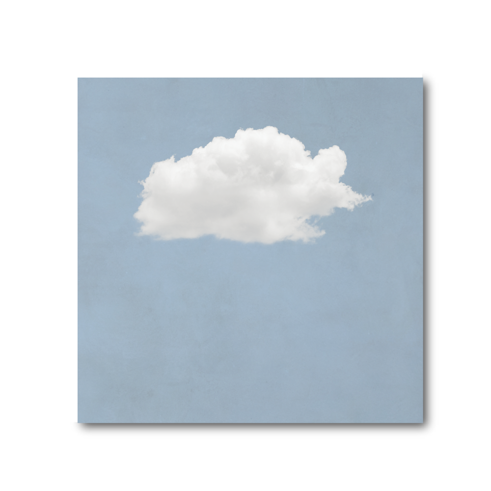 Minimalist cloud wall art print with serene blue sky background, calming modern home decor