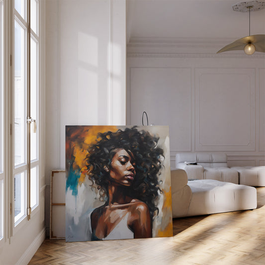 Instantly download, print and frame this printable wall art. A modern abstract oil painted print of a woman on a square canvas. The portrait is a vibrant exploration of individuality, capturing the essence and complexity of female identity through abstract art. Perfect for a modern home or apartment, office space or bar.