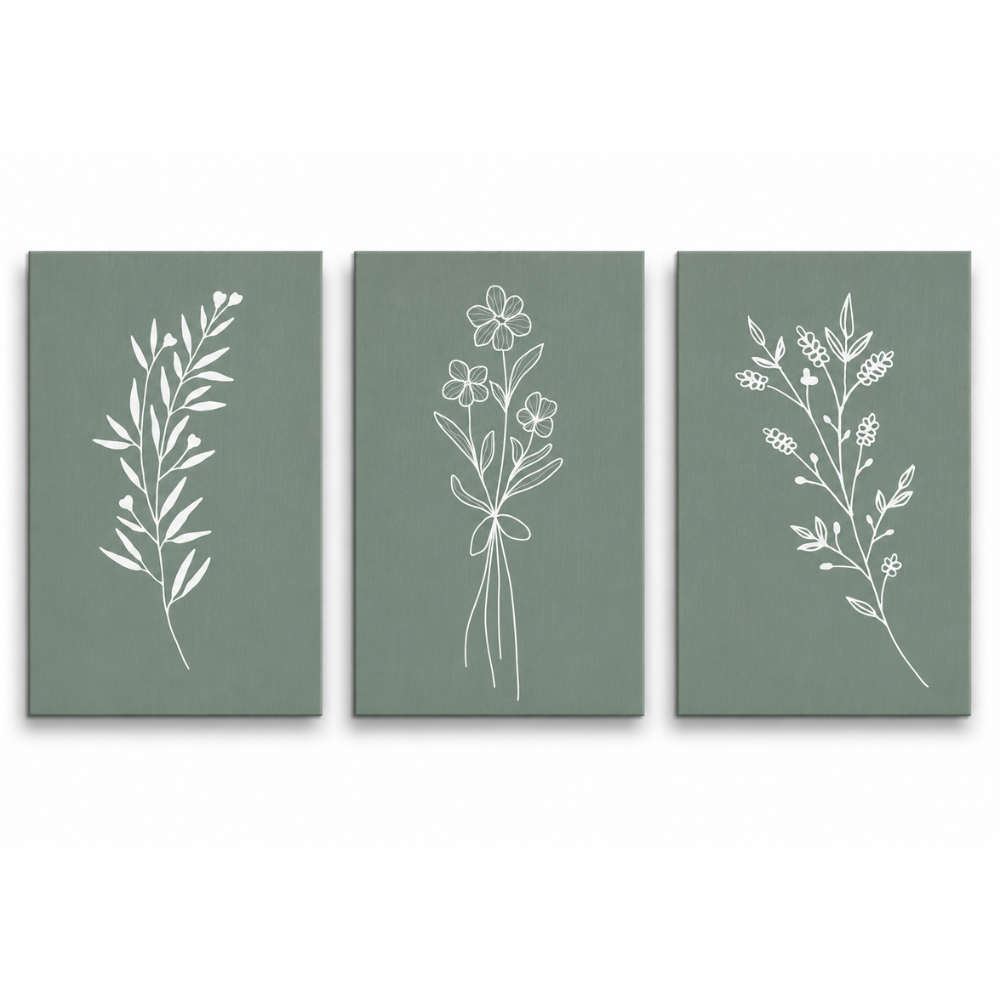 Minimalist Sage Green Botanical Wall Art Set of 3 | Printable Scandinavian Line Art Trio | Neutral Nature Gallery Prints | Digital Download