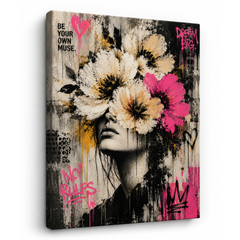 Dream Big Floral Graffiti Woman Wall Art Print | Modern Pink & Neutral Street Art Download