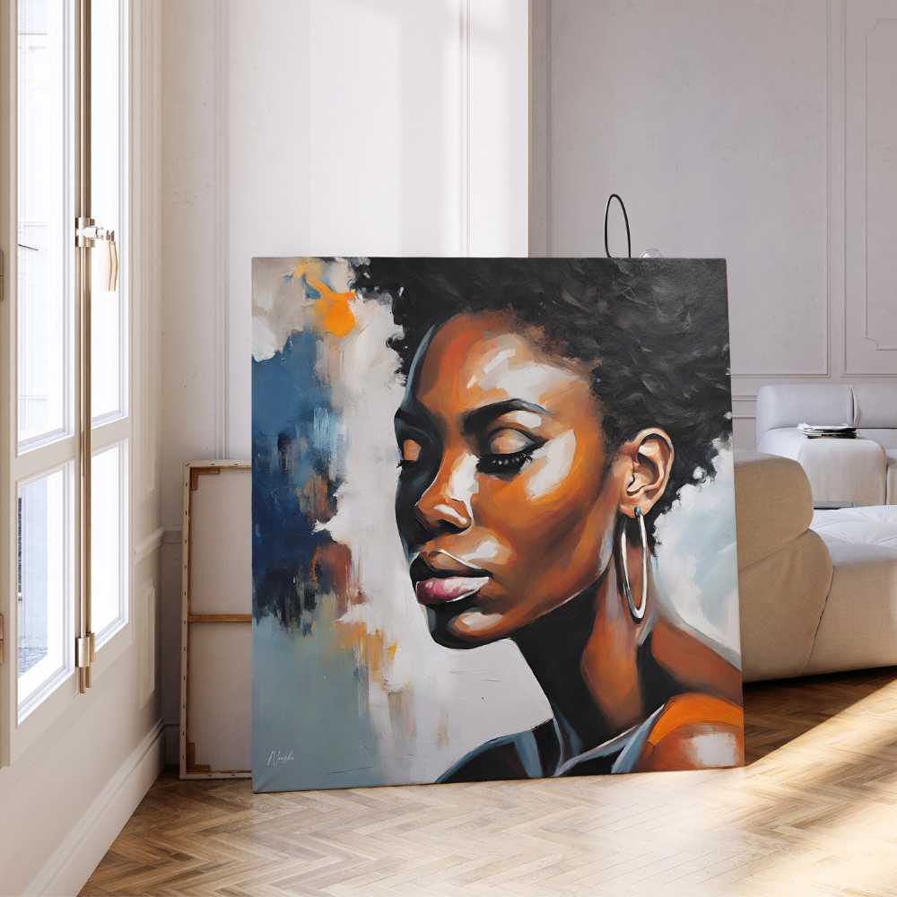 Instantly download, print and frame this wall art. A modern abstract oil painted print of a woman on a square canvas. The portrait is a vibrant exploration of individuality, capturing the essence and complexity of female identity through abstract art. Perfect for a modern home or apartment, office space or bar.