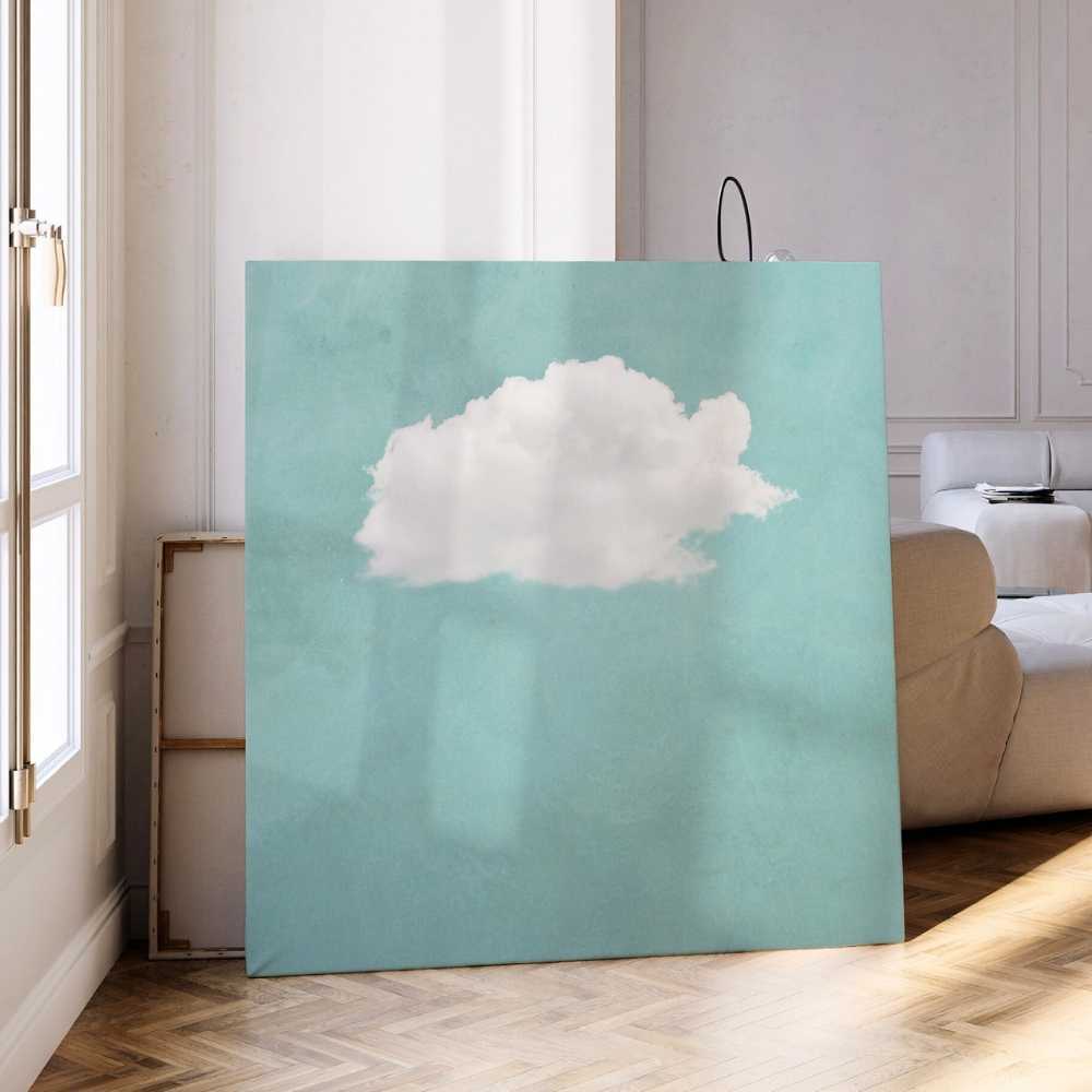 Minimalist cloud wall art with white cloud on mint green sky, calming modern printable decor
